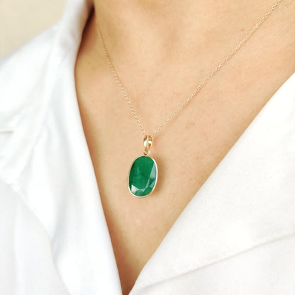 Natural Emerald Pendant, 14K Solid Yellow Gold Emerald Pendant, May Birthstone Pendant, Oval Emerald Bezel Set Pendant, Christmas Present