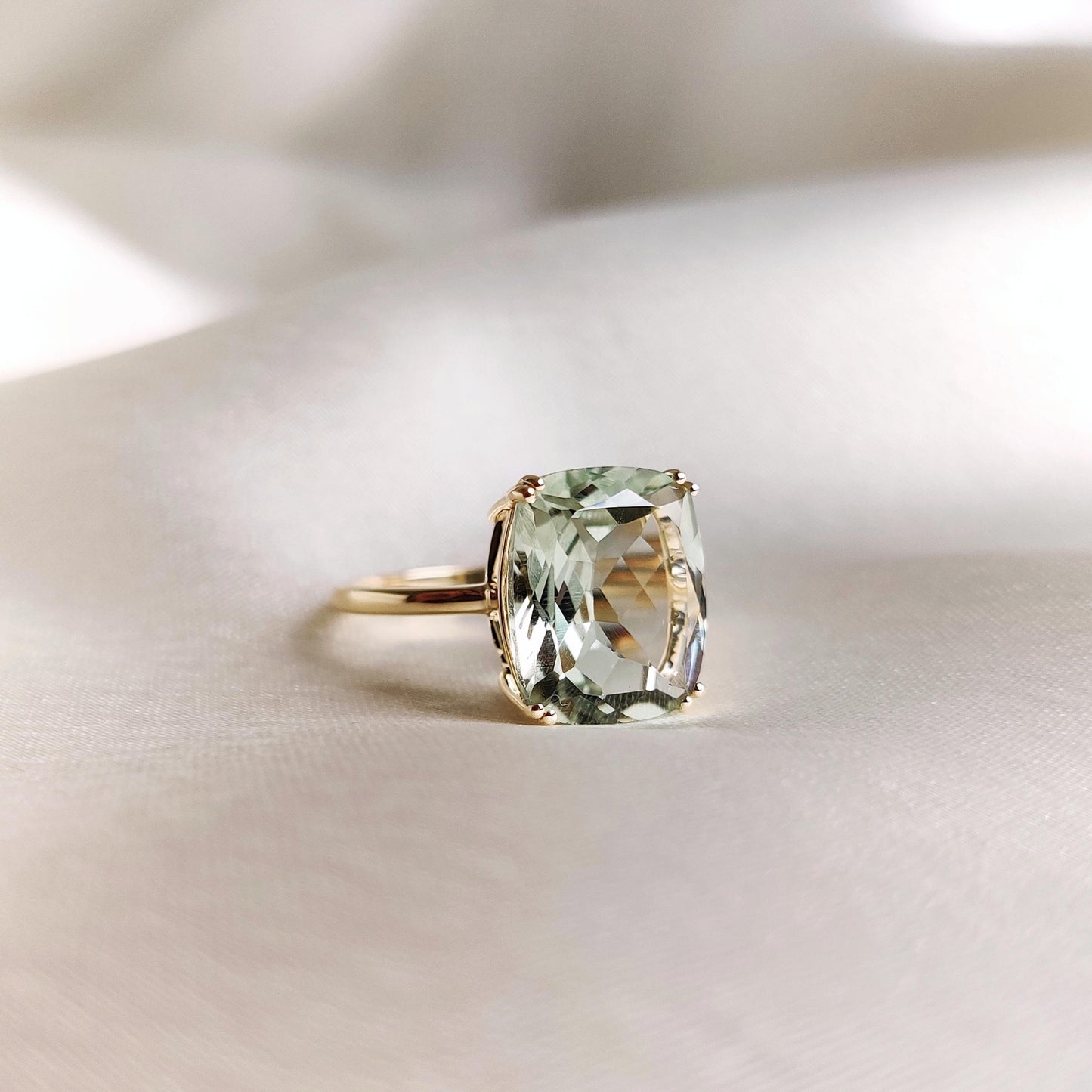 Natural Green Amethyst Ring, 14K Solid Yellow Gold Green Amethyst Ring, February Birthstone Ring, Cushion Cut Amethyst Ring, Christmas Gift