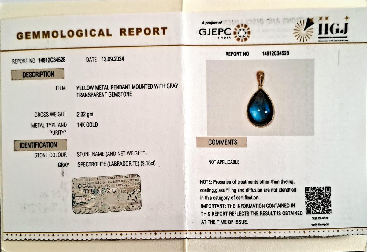 Natural Blue Labradorite Pear Pendant, 14K Solid Yellow Gold Bezel, Christmas Present