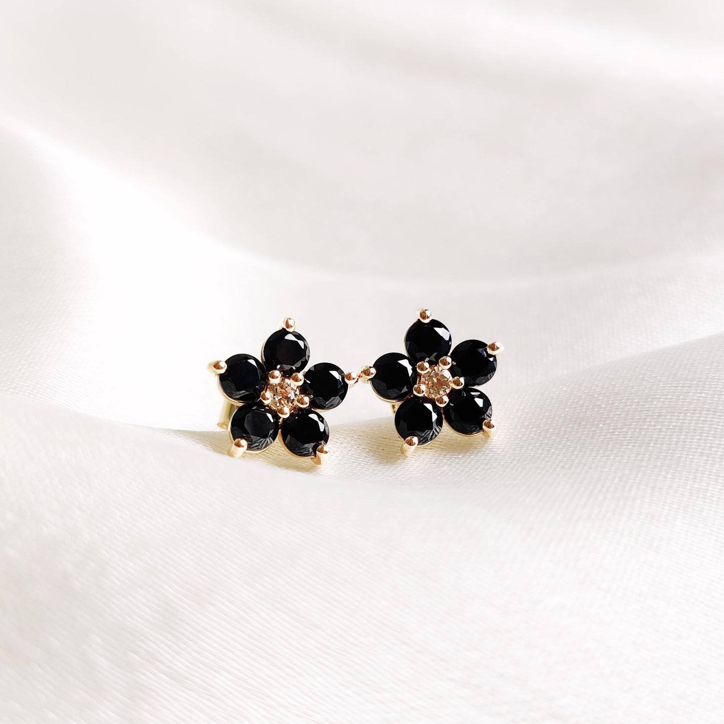 Natural Black Spinel & White Topaz Studs, 14K Solid Yellow Gold Stud Earrings, Black Spinel Jewelry, August Birthstone Studs, Flower Studs