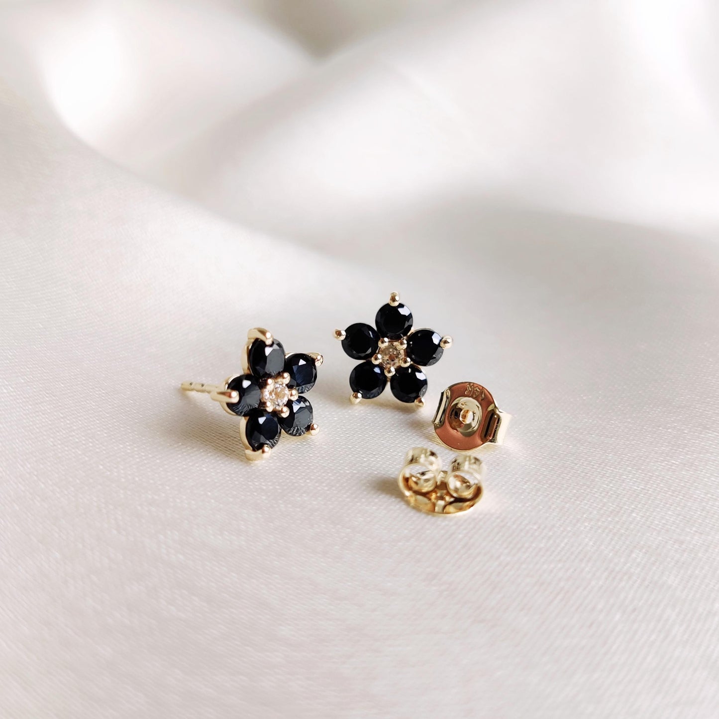 Natural Black Spinel & White Topaz Studs, 14K Solid Yellow Gold Stud Earrings, Black Spinel Jewelry, August Birthstone Studs, Flower Studs