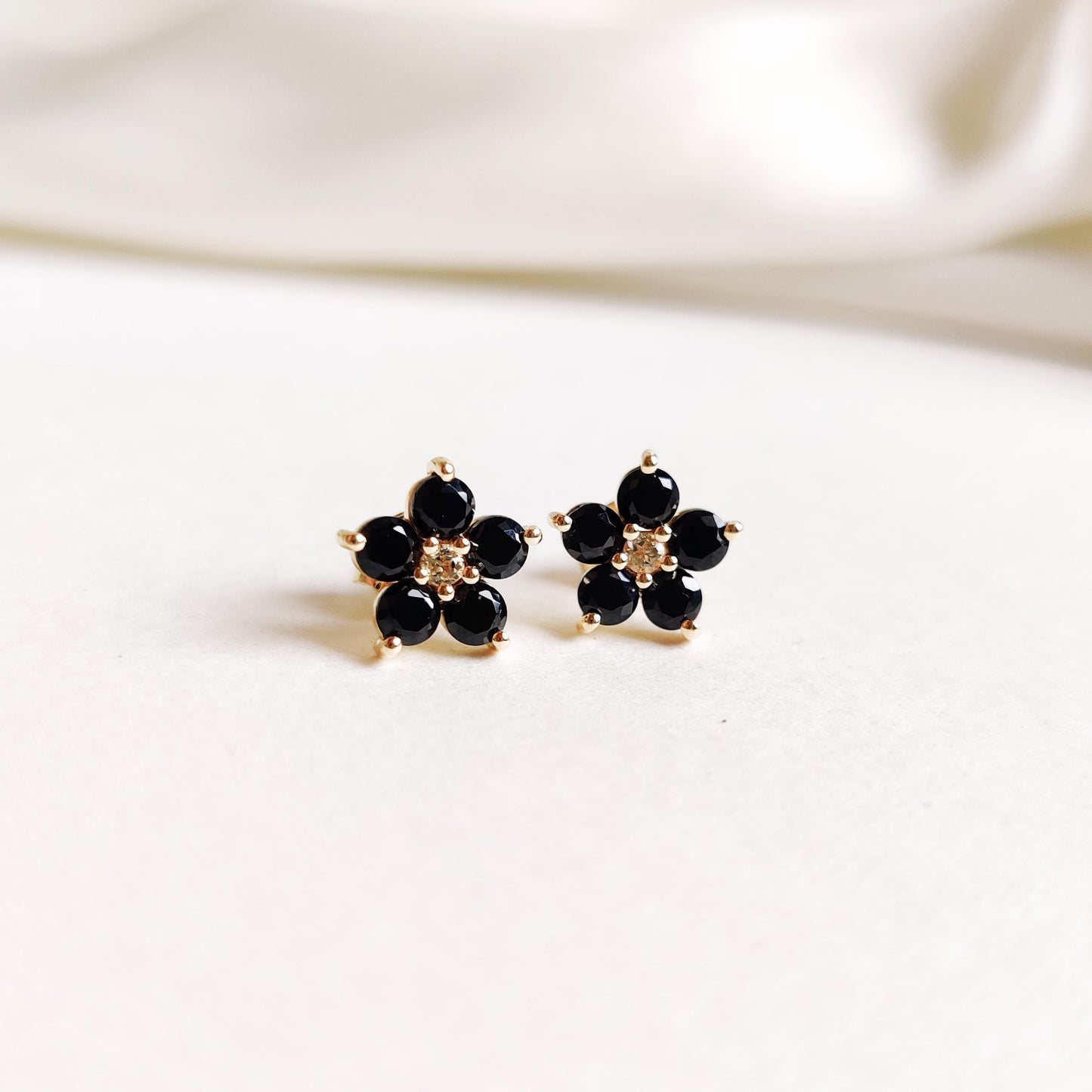 Natural Black Spinel & White Topaz Studs, 14K Solid Yellow Gold Stud Earrings, Black Spinel Jewelry, August Birthstone Studs, Flower Studs