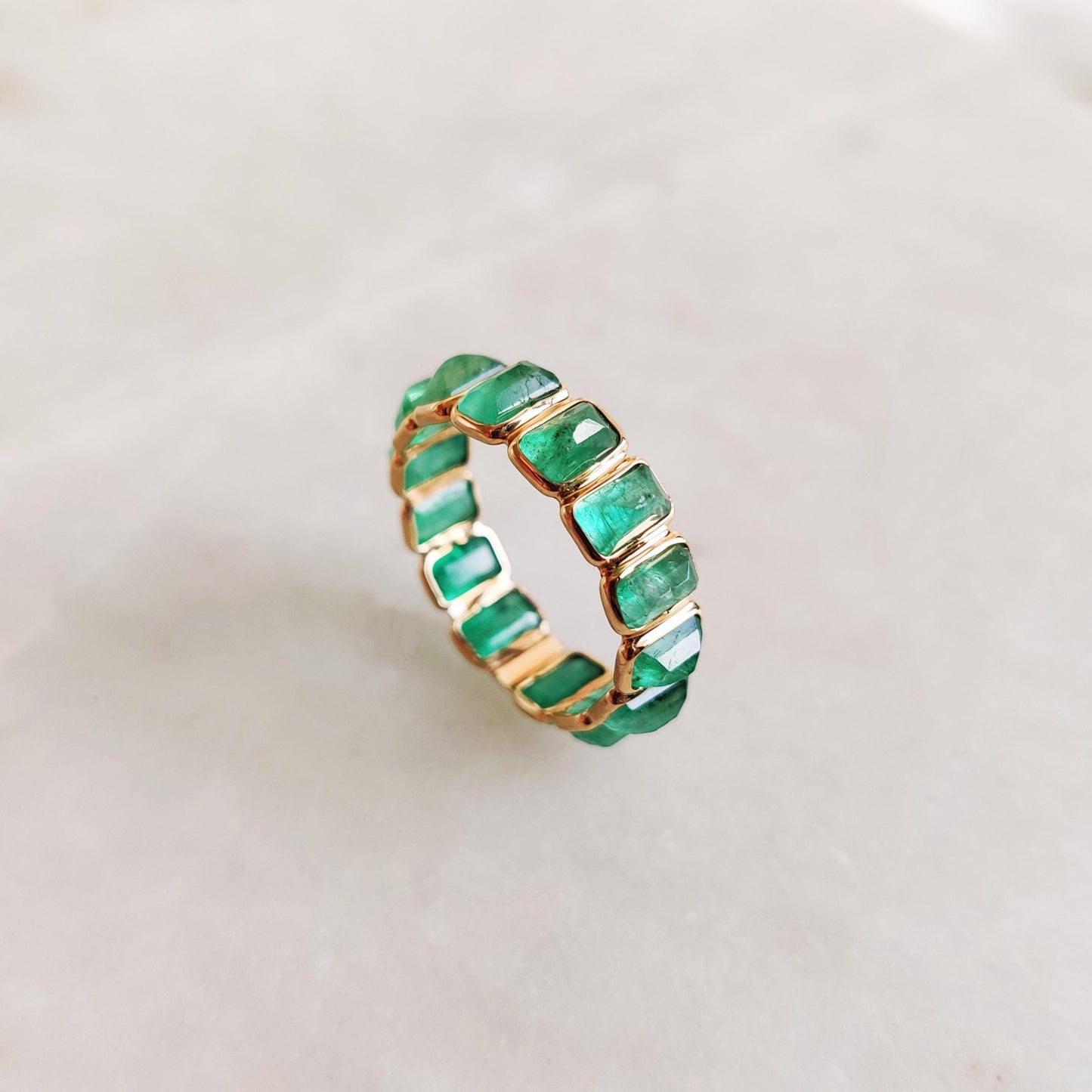 Natural Emerald Ring, 14K Solid Yellow Gold Ring, May Birthstone Ring, Baguette Cut Ring, Infinity Ring, Natural Emerald Jewelry