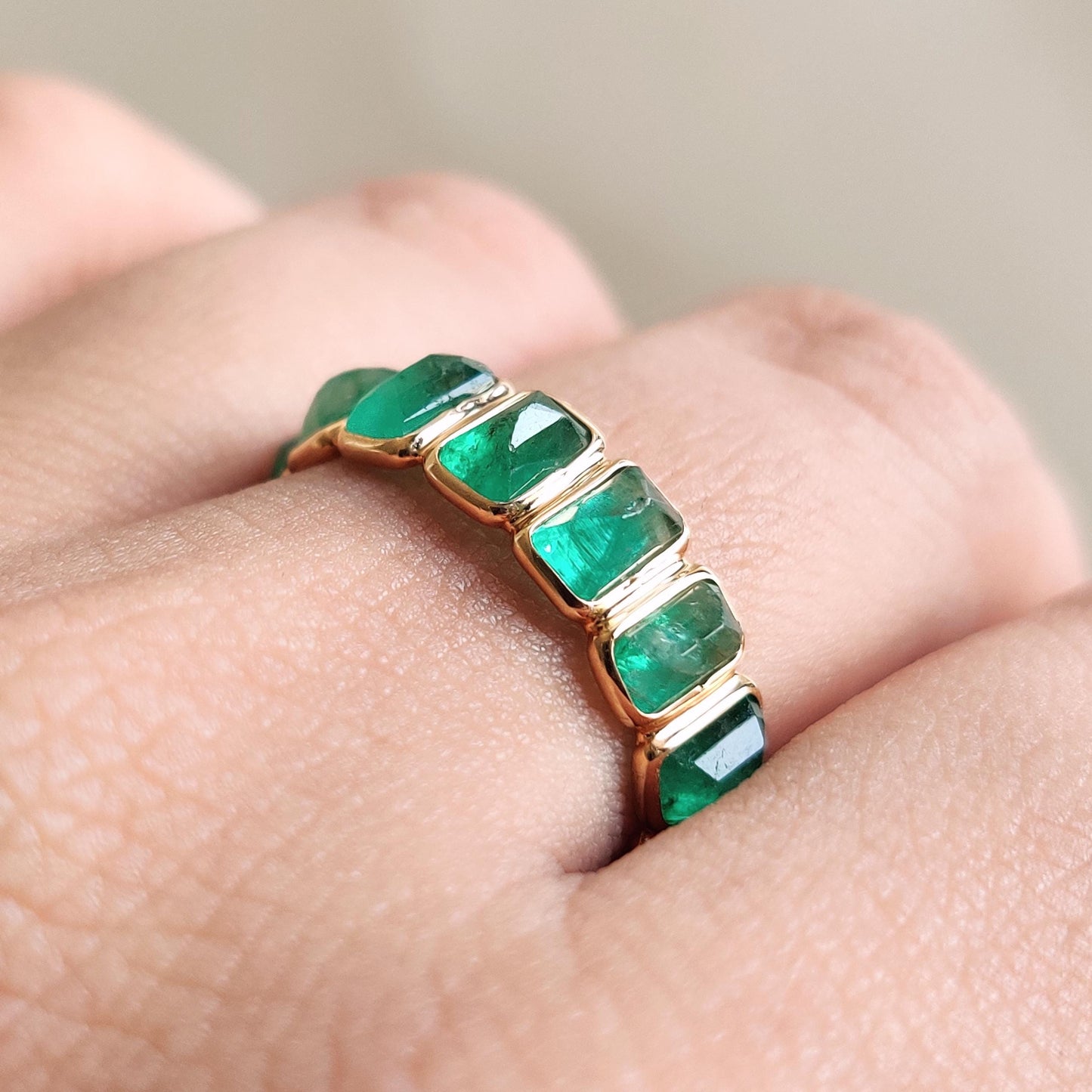 Natural Emerald Ring, 14K Solid Yellow Gold Ring, May Birthstone Ring, Baguette Cut Ring, Infinity Ring, Natural Emerald Jewelry