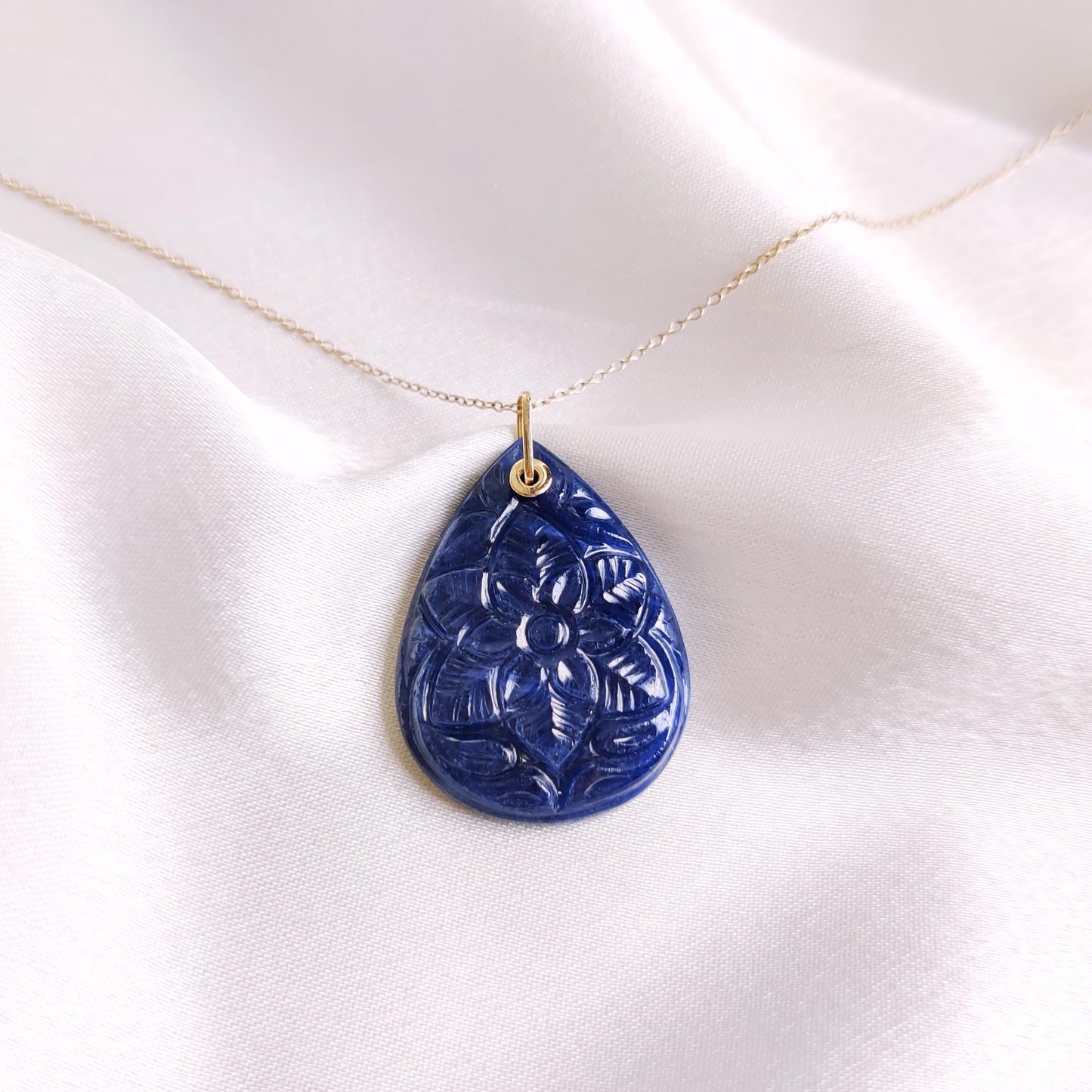 Natural Blue Sapphire Pendant, 14K Solid Yellow Gold Pendant, September Birthstone, Blue Sapphire Carving Pendant, Christmas Present