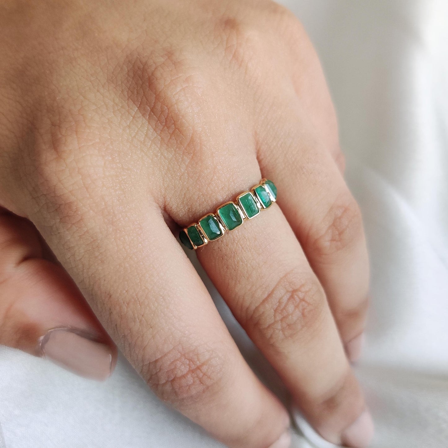 Natural Emerald Ring, 14K Solid Yellow Gold Ring, May Birthstone Ring, Baguette Cut Ring, Emerald Eternity Ring, Natural Emerald Jewelry