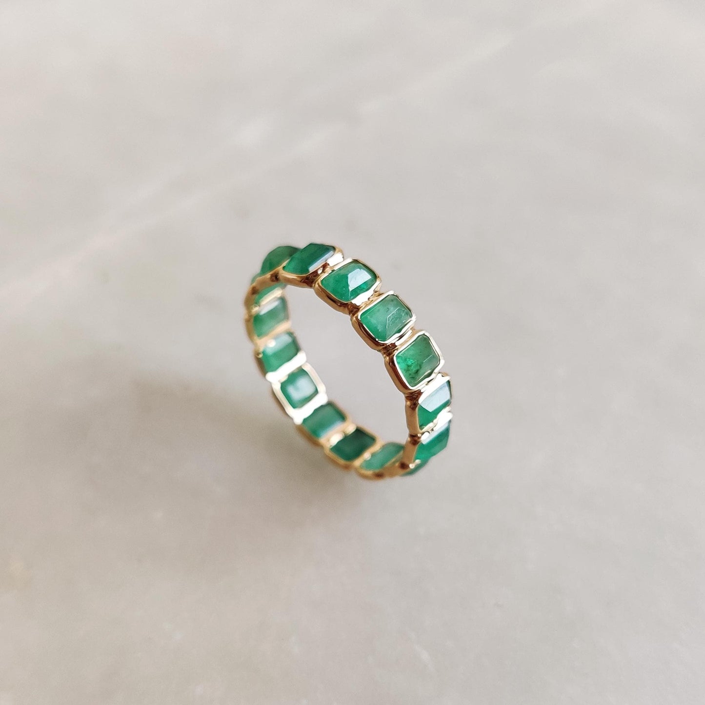 Natural Emerald Ring, 14K Solid Yellow Gold Ring, May Birthstone Ring, Baguette Cut Ring, Emerald Eternity Ring, Natural Emerald Jewelry