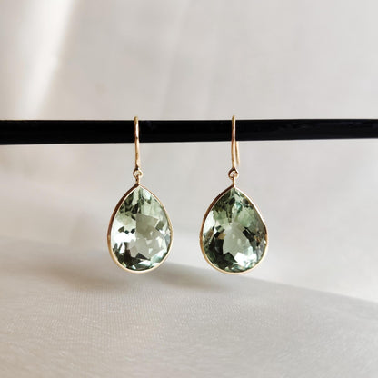 Natural Green Amethyst Earrings, 14K Solid Yellow Gold Earrings, February Birthstone Earrings, Pear Cut Amethyst Earrings, Christmas Present