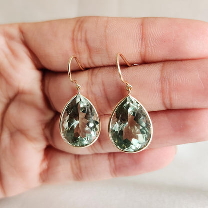 Natural Green Amethyst Earrings, 14K Solid Yellow Gold Earrings, February Birthstone Earrings, Pear Cut Amethyst Earrings, Christmas Present