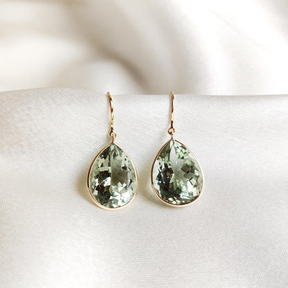 Natural Green Amethyst Earrings, 14K Solid Yellow Gold Earrings, February Birthstone Earrings, Pear Cut Amethyst Earrings, Christmas Present