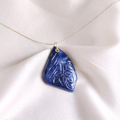 Natural Blue Sapphire Pendant, 14K Solid Yellow Gold Blue Sapphire Carving Pendant, September Birthstone Pendant, Christmas Present