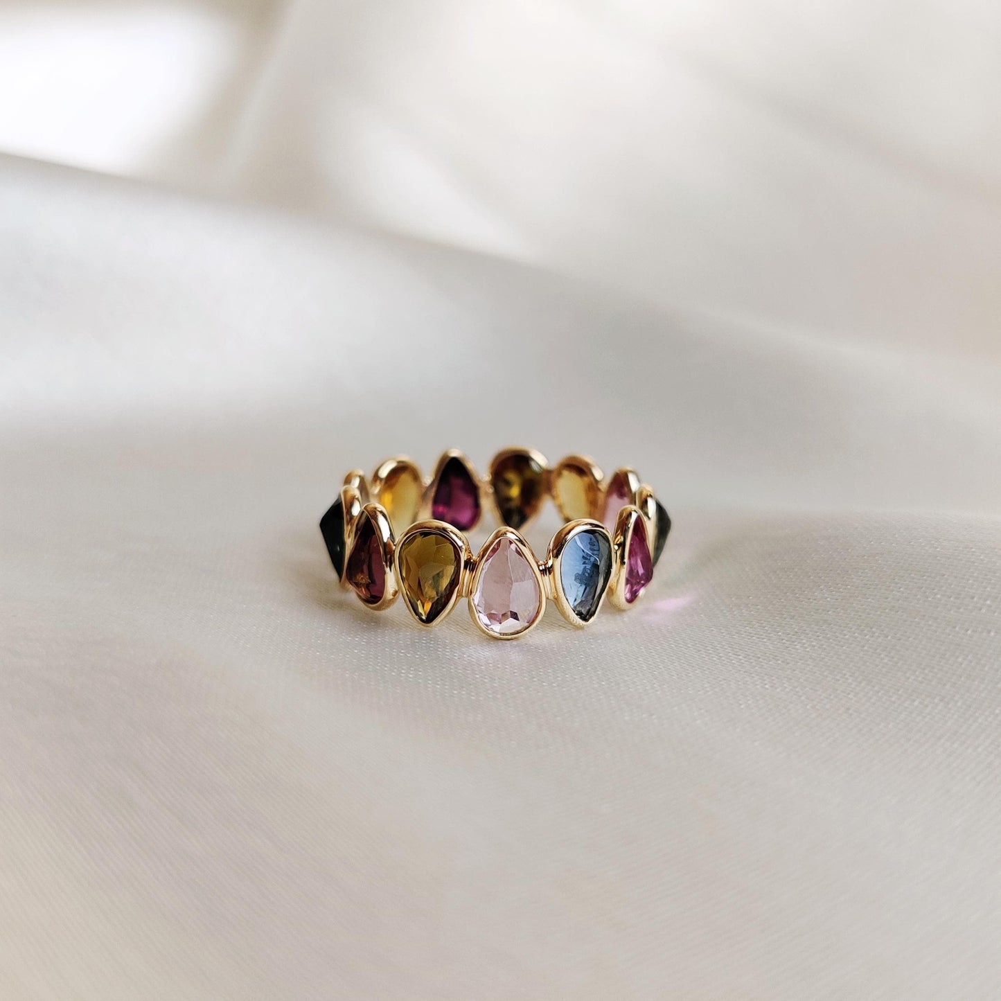 Natural Multi Tourmaline Ring, 14K Solid Yellow Gold Tourmaline Ring, October Birthstone Ring, Tourmaline Infinity Ring, Pear Cut Ring