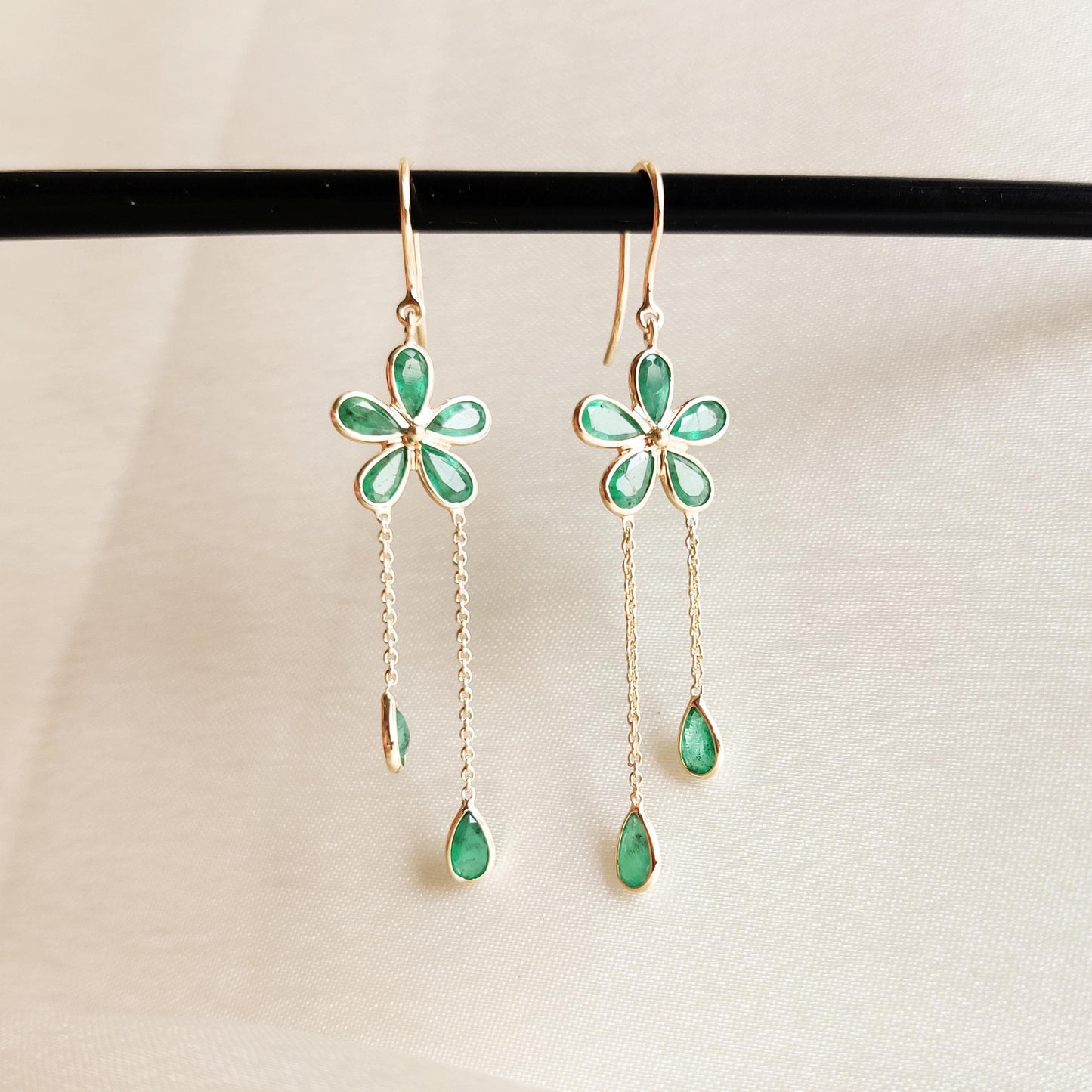 Natural Emerald Earrings, 14K Solid Gold Emerald Earrings, Dainty Emerald Flower Earrings, May Birthstone Earrings, Christmas Present