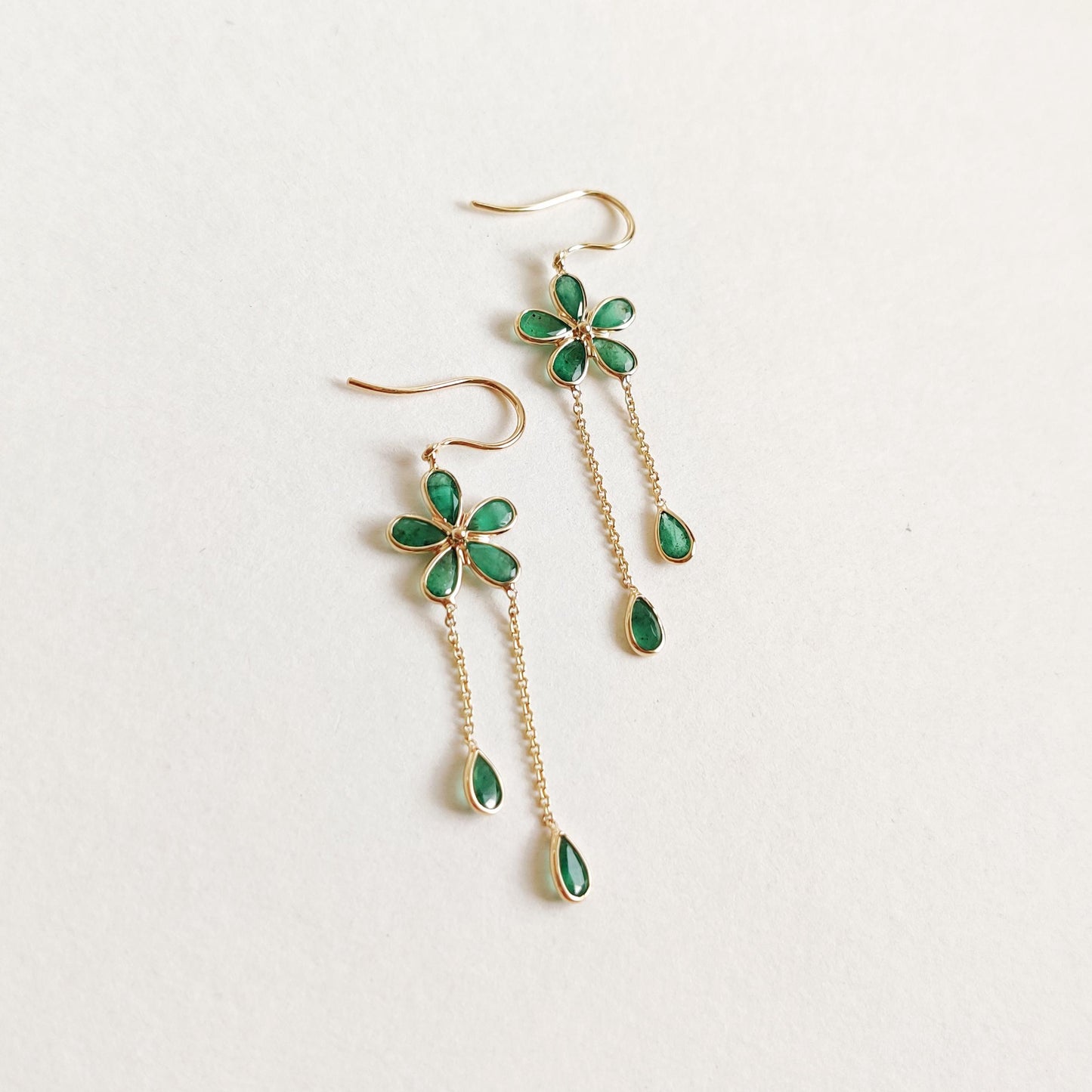 Natural Emerald Earrings, 14K Solid Gold Emerald Earrings, Dainty Emerald Flower Earrings, May Birthstone Earrings, Christmas Present