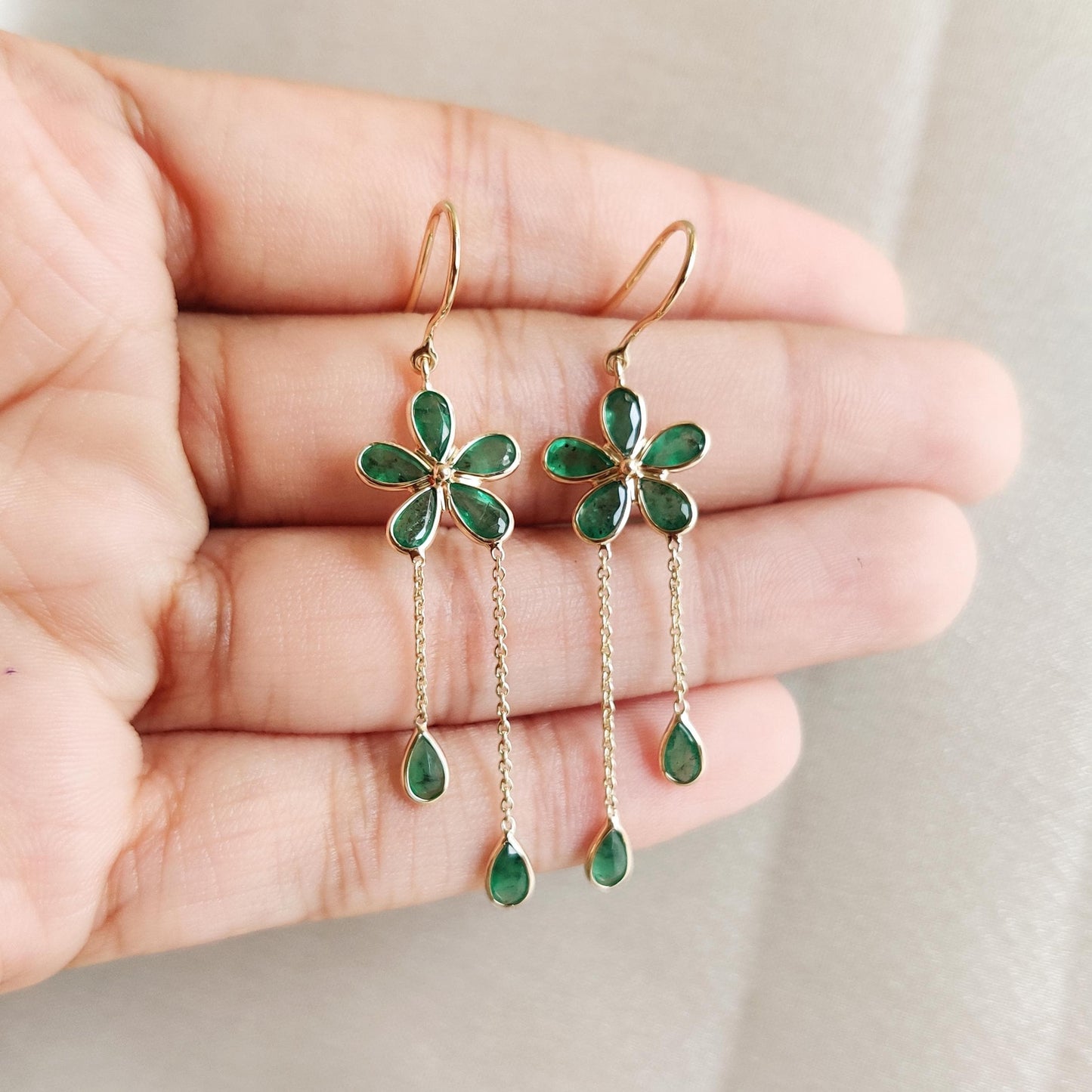 Natural Emerald Earrings, 14K Solid Gold Emerald Earrings, Dainty Emerald Flower Earrings, May Birthstone Earrings, Christmas Present