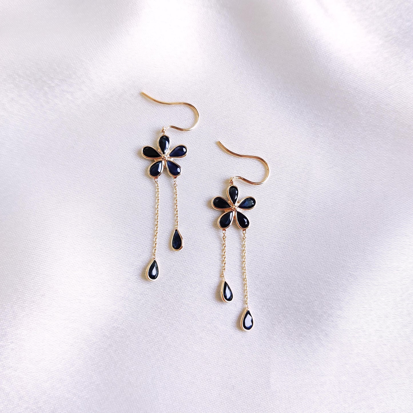 Natural Blue Sapphire Earrings, 14K Solid Gold Sapphire Earrings, Dainty Sapphire Flower Drops, September Birthstone Earrings, Birthday Gift