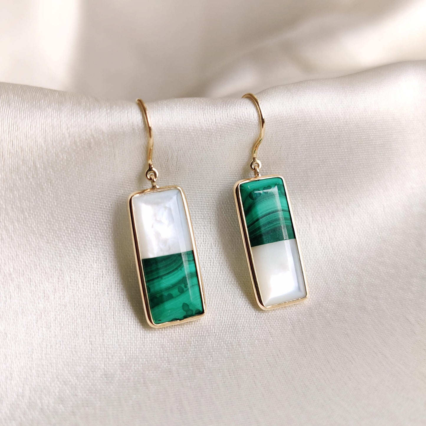 Natural Malachite & Mother of Pearl Earrings, 14K Solid Yellow Gold Earrings, April and June Birthstone Earrings, Christmas Present