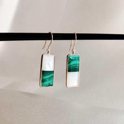 Natural Malachite & Mother of Pearl Earrings, 14K Solid Yellow Gold Earrings, April and June Birthstone Earrings, Christmas Present