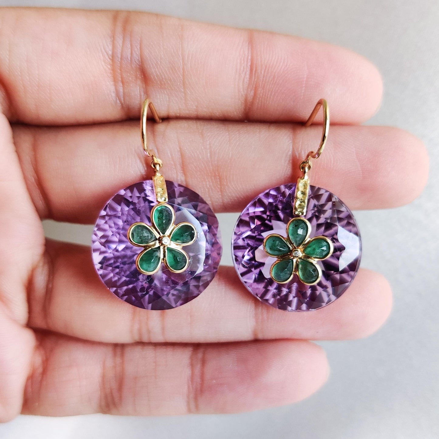 Natural Purple Amethyst & Diamond and Emerald Earrings, 14K Solid Yellow Gold Earrings, February May Birthstone Earrings, Christmas Present