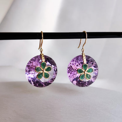 Natural Purple Amethyst & Diamond and Emerald Earrings, 14K Solid Yellow Gold Earrings, February May Birthstone Earrings, Christmas Present