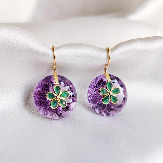 Natural Purple Amethyst & Diamond and Emerald Earrings, 14K Solid Yellow Gold Earrings, February May Birthstone Earrings, Christmas Present