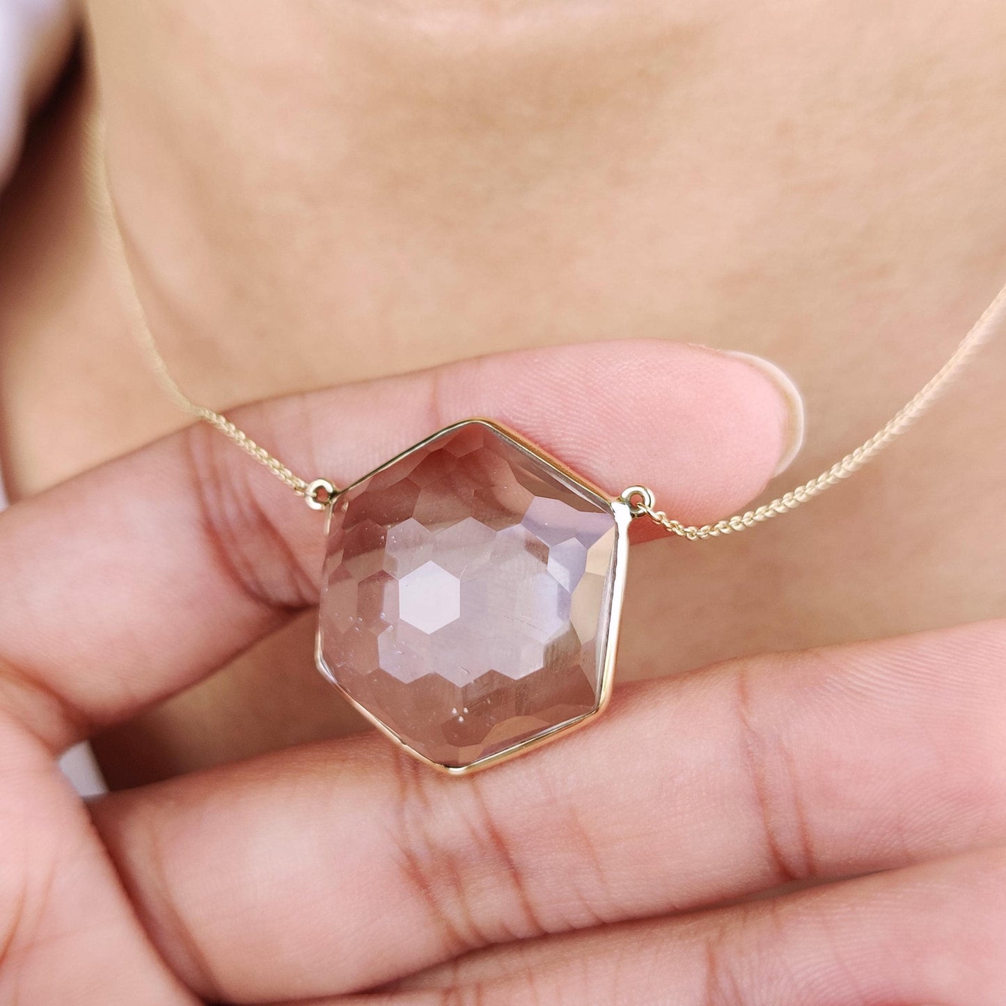 Natural Clear Quartz Pendant, 14K Gold Clear Quartz Necklace, Solid Yellow Gold Hexagon Pendant, Clear Quartz Jewelry, April Birthstone