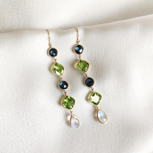 Natural London Blue Topaz & Peridot and Rainbow Moonstone Earrings, 14K Solid Yellow Gold Earrings, December June Birthstone, Christmas Gift