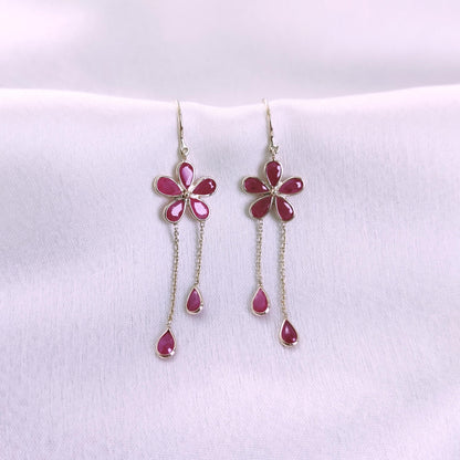 Natural Ruby Earrings, Solid Yellow Gold Ruby Earrings, Dainty Ruby Bezel Danglers, July Birthstone Earrings, Christmas Gift, Ruby Jewelry