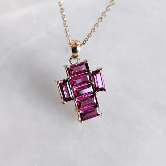 Natural Rhodolite Garnet Pendant, 14K Solid Yellow Gold Pendant, Holy Cross Garnet Pendant, January Birthstone Pendant, Christmas Present