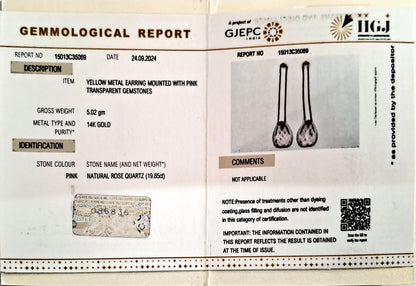 Pendientes de cuarzo rosa natural, pendientes de cuarzo rosa de oro amarillo macizo de 14 quilates, pendientes con piedra de nacimiento de enero, pendientes de pera, regalo de Navidad