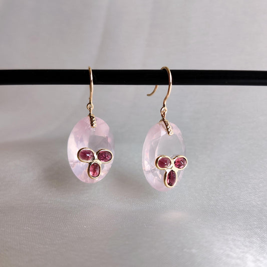 Natural Rose Quartz & Pink Sapphire Earrings, 14K Solid Yellow Gold Earrings, January September Birthstone, Christmas Present