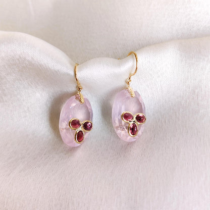 Natural Rose Quartz & Pink Sapphire Earrings, 14K Solid Yellow Gold Earrings, January September Birthstone, Christmas Present