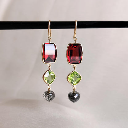 Natural Garnet, Peridot & Rutile Earrings, 14K Solid Yellow Gold Earrings, January Birthstone Earrings, Christmas Present