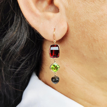 Natural Garnet, Peridot & Rutile Earrings, 14K Solid Yellow Gold Earrings, January Birthstone Earrings, Christmas Present