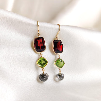 Natural Garnet, Peridot & Rutile Earrings, 14K Solid Yellow Gold Earrings, January Birthstone Earrings, Christmas Present