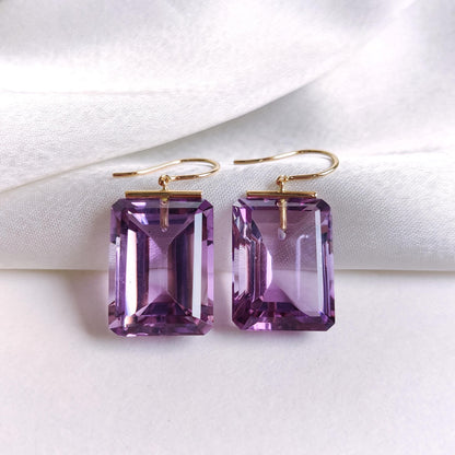 Pendientes de amatista violeta natural, pendientes de oro amarillo macizo de 14 quilates, pendientes con piedra natal de febrero, pendientes con forma de octágono, regalo de Navidad