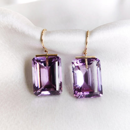 Pendientes de amatista violeta natural, pendientes de oro amarillo macizo de 14 quilates, pendientes con piedra natal de febrero, pendientes con forma de octágono, regalo de Navidad