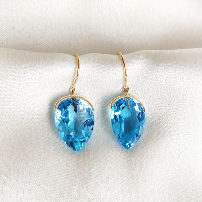 Natural Swiss Blue Topaz Earrings, 14K Solid Yellow Gold Earrings, December Birthstone Earrings, Blue Topaz Jewelry, Christmas Present