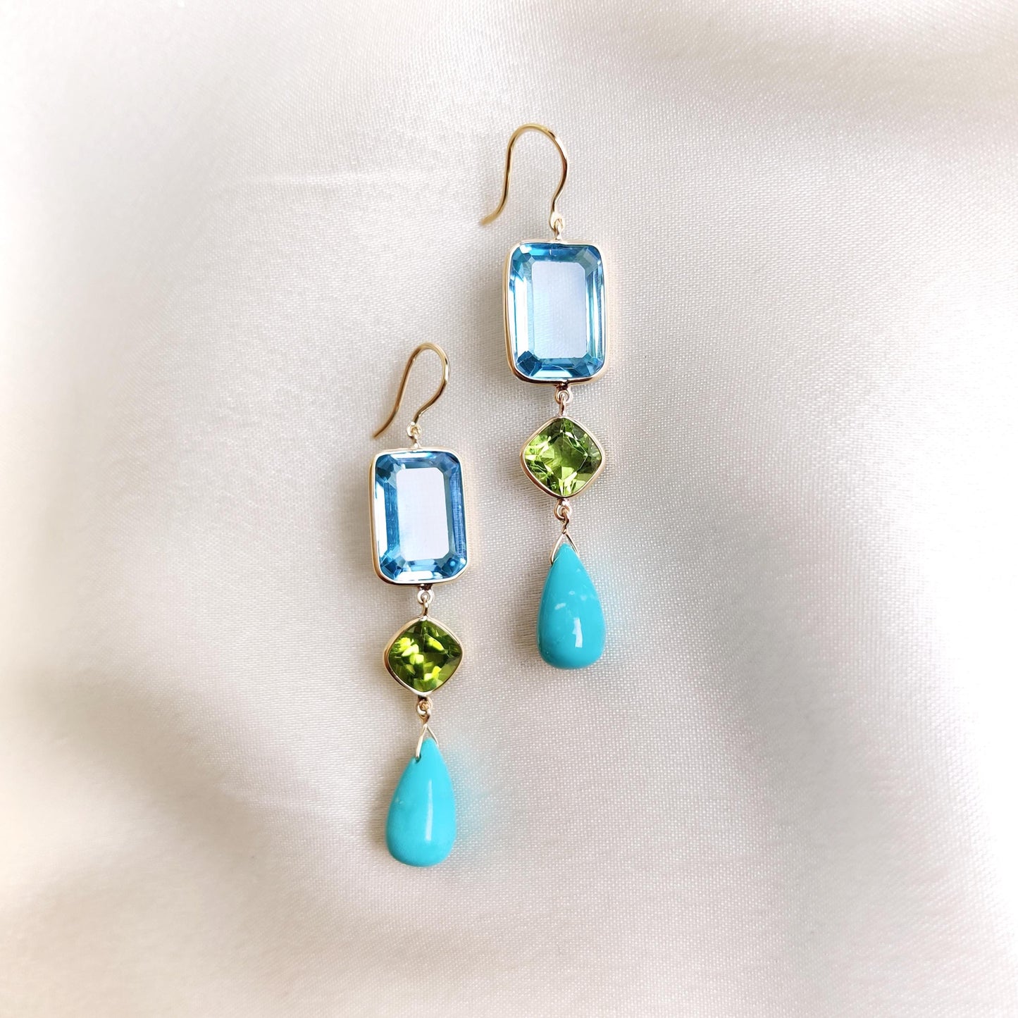 Natural Swiss Blue Topaz, Peridot and Turquoise Earrings, 14K Solid Yellow Gold Earrings, December Birthstone Earrings, Christmas Present