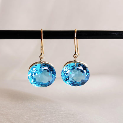 Pendientes de topacio azul suizo natural, pendientes de topacio en oro amarillo macizo de 14 quilates, pendientes con piedra de nacimiento de diciembre, joyas de topacio azul, regalo de Navidad