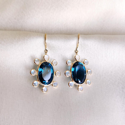 Natural London Blue Topaz & Rainbow Moonstone Earrings, 14K Solid Yellow Gold Earrings, December June Birthstone Earrings, Christmas Present