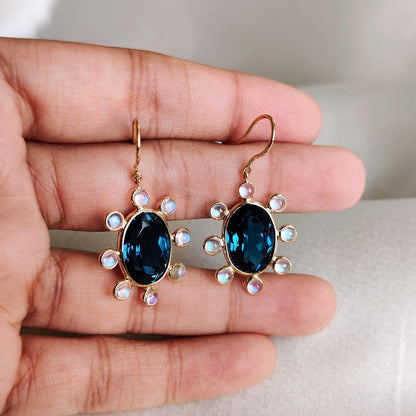 Natural London Blue Topaz & Rainbow Moonstone Earrings, 14K Solid Yellow Gold Earrings, December June Birthstone Earrings, Christmas Present