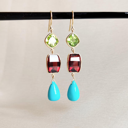 Natural Turquoise, Garnet and Peridot Earrings, 14K Solid Yellow Gold Earrings, January Birthstone, Multi Stone Danglers, Christmas Present