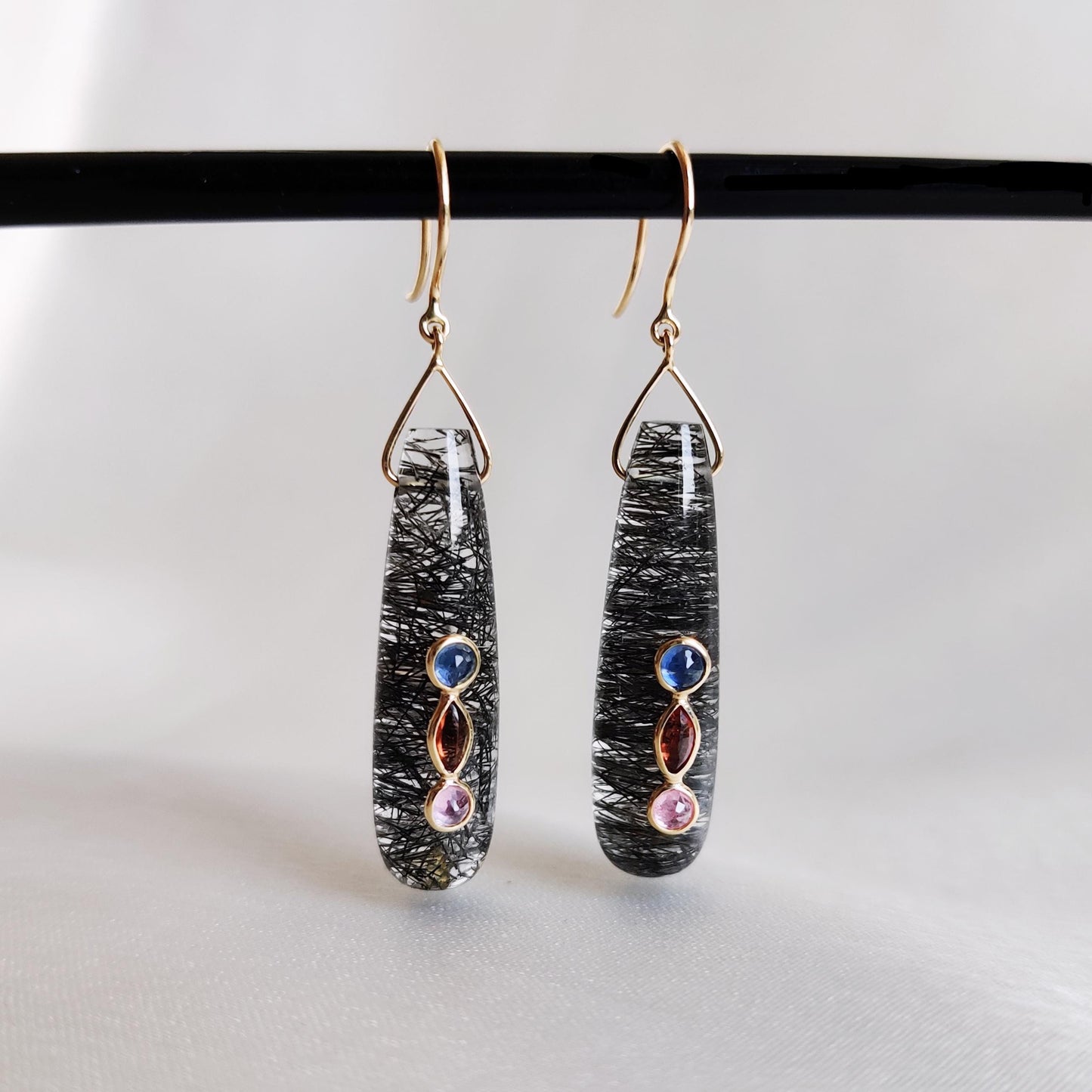 Natural Black Rutile & Multi Sapphire Earrings, 14K Solid Yellow Gold Earrings, April September Birthstone Earrings, Christmas Present