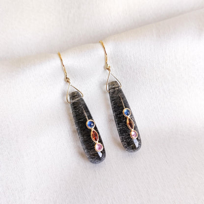 Natural Black Rutile & Multi Sapphire Earrings, 14K Solid Yellow Gold Earrings, April September Birthstone Earrings, Christmas Present