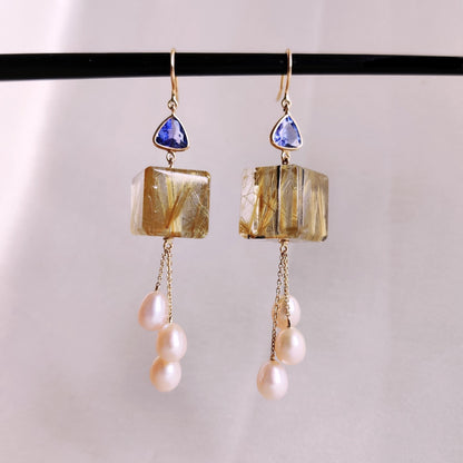 Natural Golden Rutile, Pearl & Tanzanite Earrings, 14K Solid Yellow Gold Earrings, April December Birthstone Earrings, Christmas Present