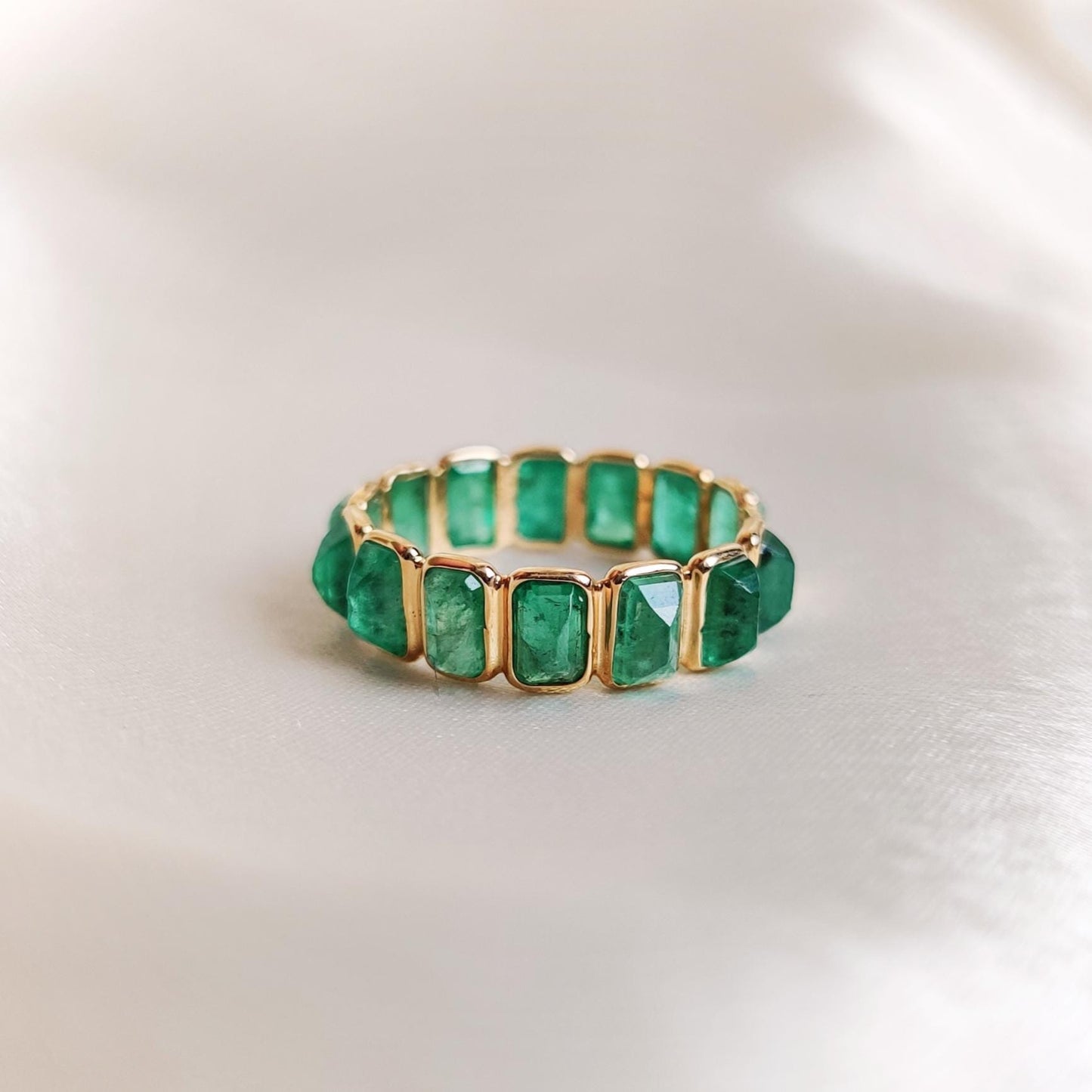 Natural Emerald Ring, 14K Solid Yellow Gold Ring, May Birthstone Ring, Baguette Cut Ring, Infinity Ring, Natural Emerald Jewelry