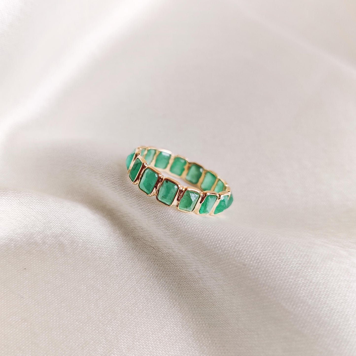 Natural Emerald Ring, 14K Solid Yellow Gold Ring, May Birthstone Ring, Baguette Cut Ring, Emerald Eternity Ring, Natural Emerald Jewelry