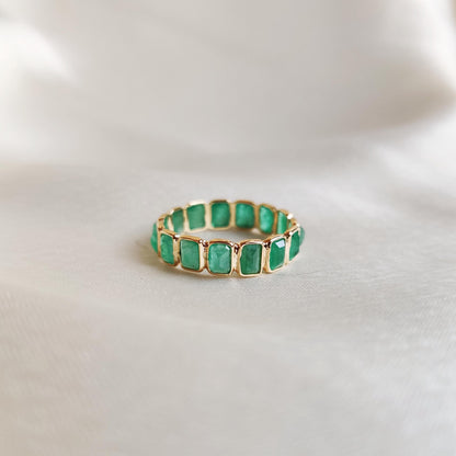 Natural Emerald Ring, 14K Solid Yellow Gold Ring, May Birthstone Ring, Baguette Cut Ring, Emerald Eternity Ring, Natural Emerald Jewelry