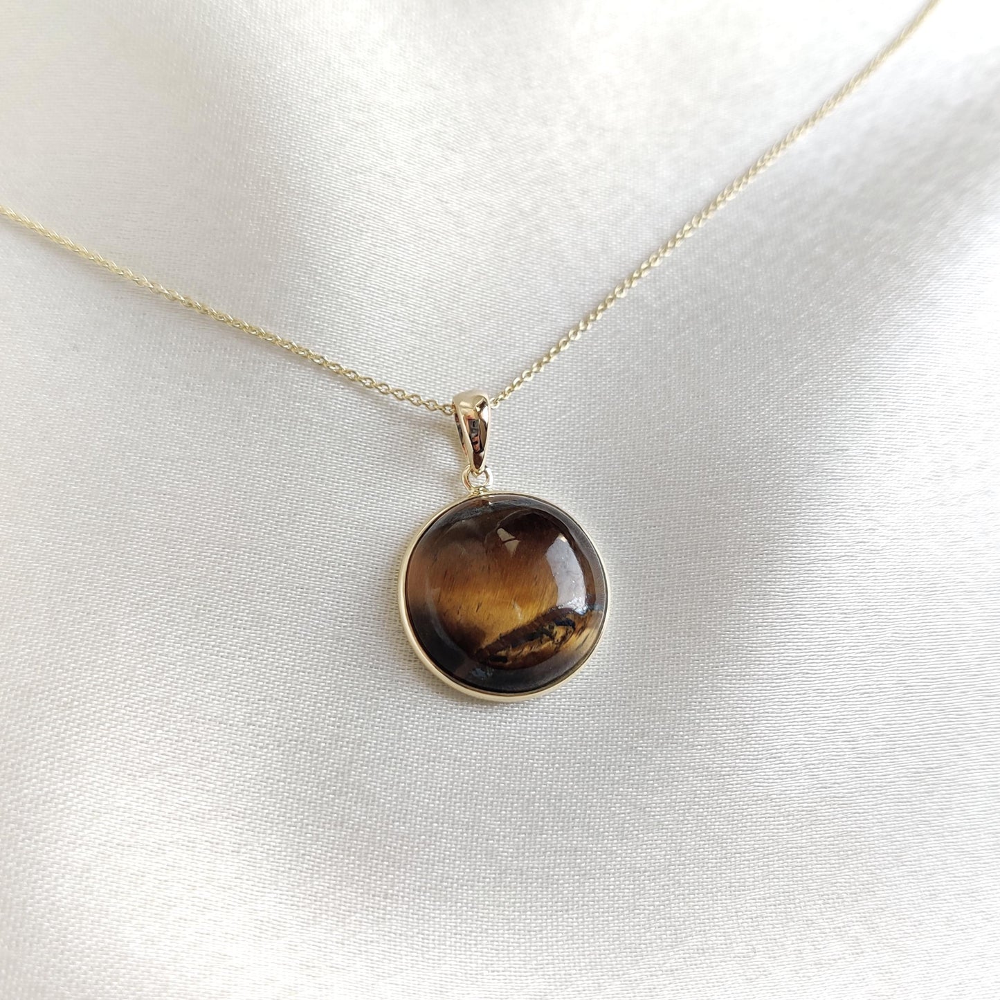 Natural Tiger Eye Pendant, 14K Solid Gold Tiger Eye Pendant, Solid Gold Bezel Pendant, June Birthstone, Christmas Gift, Tiger Eye Jewelry